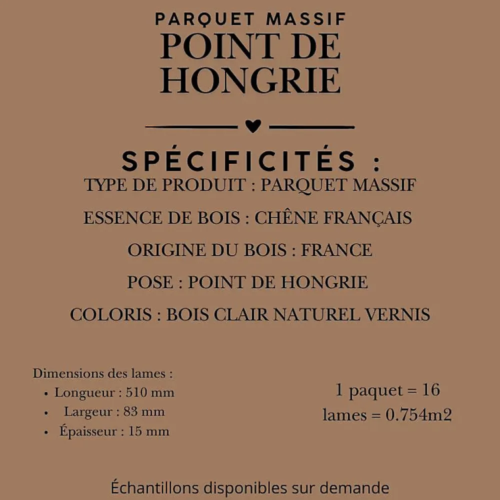 Dileci Parquet Chevron|Voir Tous Les Parquets<Parquet massif chêne français, Point de Hongrie / Chevron 600x120x15 mm, Teinte Bois Naturel -