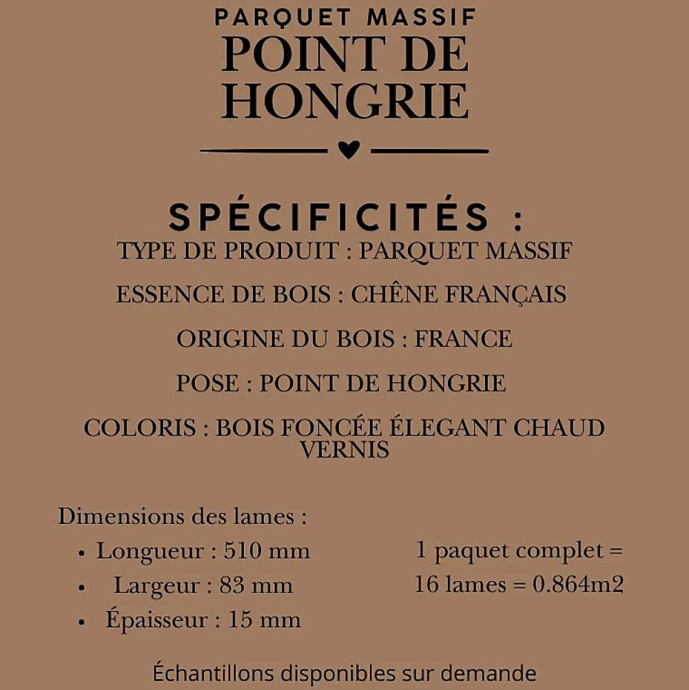 Dileci Parquet massif chêne français, Point de Hongrie / Chevron 600x120x15 mm, Teinte foncée Élégante -- Parquet Chevron|Voir Tous Les Parquets