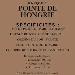 Dileci Parquet massif chêne français, Point de Hongrie / Chevron 600x120x15 mm, Teinte foncée Élégante -- Parquet Chevron|Voir Tous Les Parquets