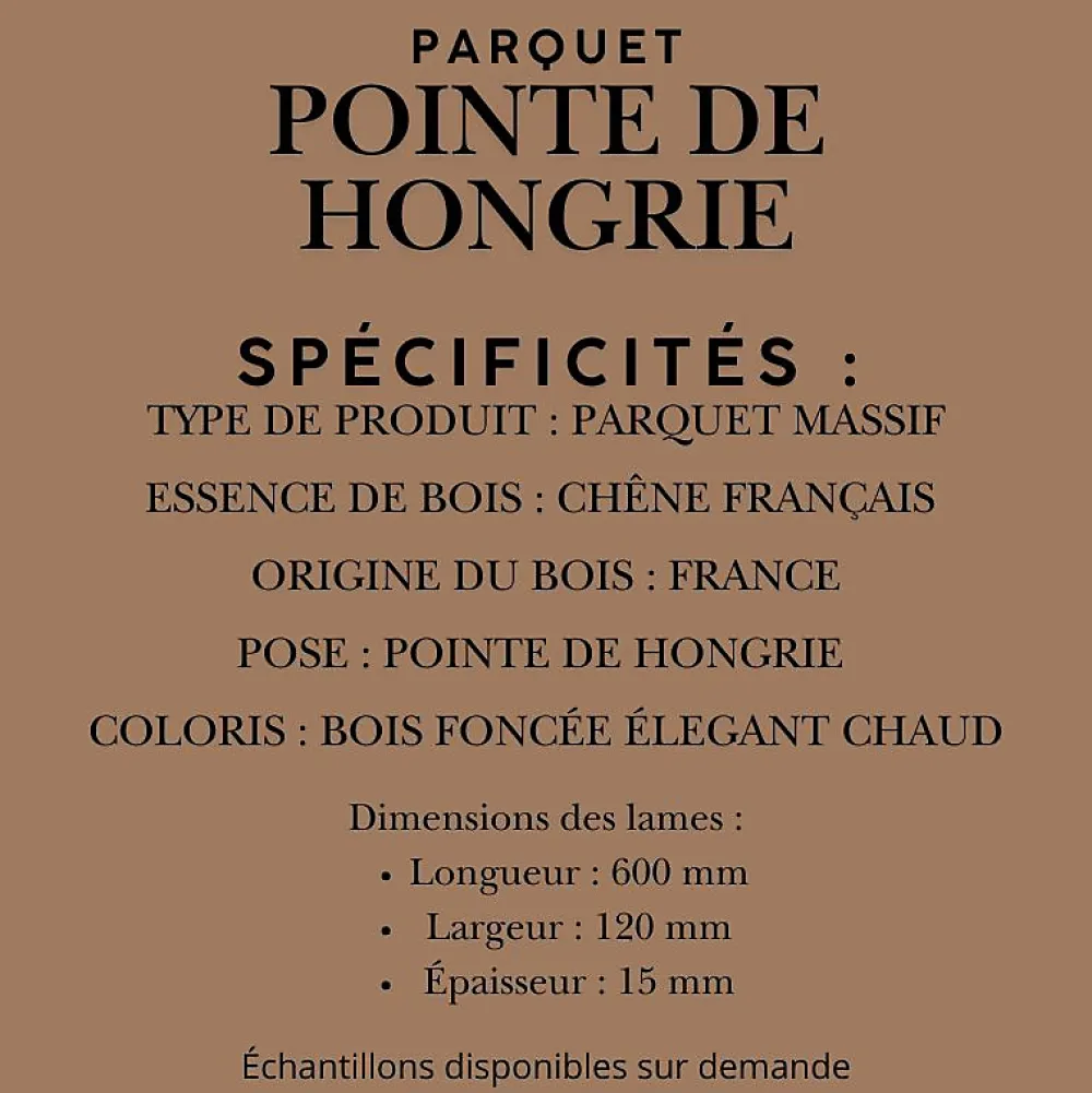Dileci Parquet massif chêne français, Point de Hongrie / Chevron 600x120x15 mm, Teinte foncée Élégante -- Parquet Chevron|Voir Tous Les Parquets