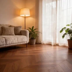 Dileci Parquet massif chêne français, Point de Hongrie / Chevron 600x120x15 mm, Teinte foncée Élégante -- Parquet Chevron|Voir Tous Les Parquets