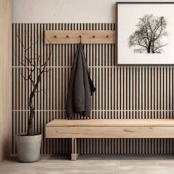 Decoon Panneau Tasseau Bois<Plaque murale tasseaux 60 x 30 x 1,9 cm - Lattes chêne clair véritable fond noir 0,18m²