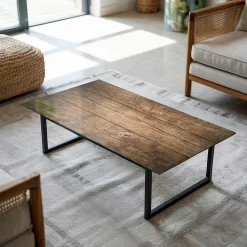 Tulup Plateau en verre trempé 120x60 cm Structure de planches en bois- Plateau En Verre
