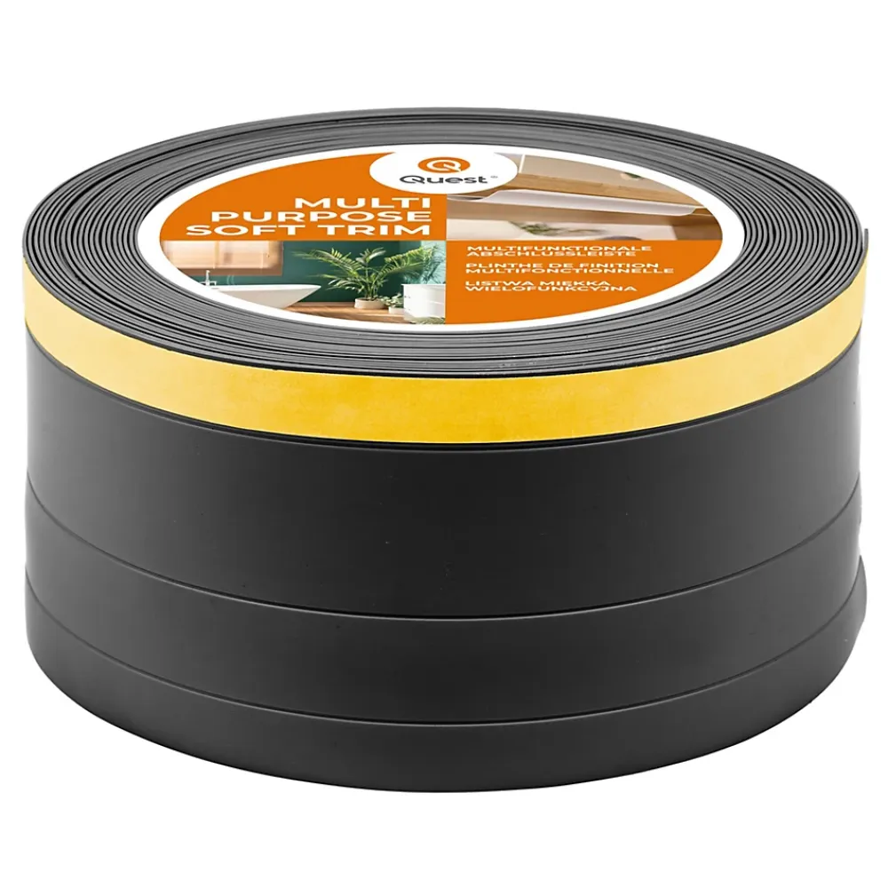 Quest Plinthe de finition W2 en PVC 4,en,1 120 mm, baguette autocollante, masquante, plinthe souple pour sol et mur, noir, 10 m- Plinthe Pour Sol En Vinyle Et Pvc