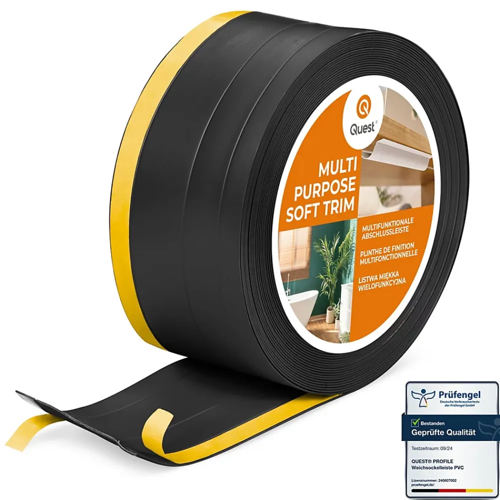 Quest Plinthe de finition W2 en PVC 4,en,1 120 mm, baguette autocollante, masquante, plinthe souple pour sol et mur, noir, 10 m- Plinthe Pour Sol En Vinyle Et Pvc