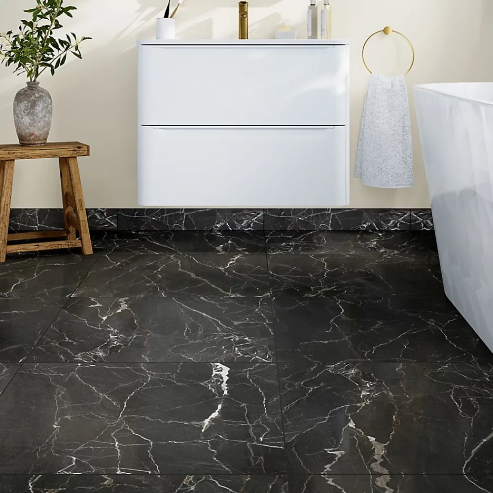 GoodHome Plinthe Pour Carrelage Sol<Plinthe en carrelage effet marbre anthracite brillant L.60,8 x l.7 cm x ép.8,5 mm, Aruma
