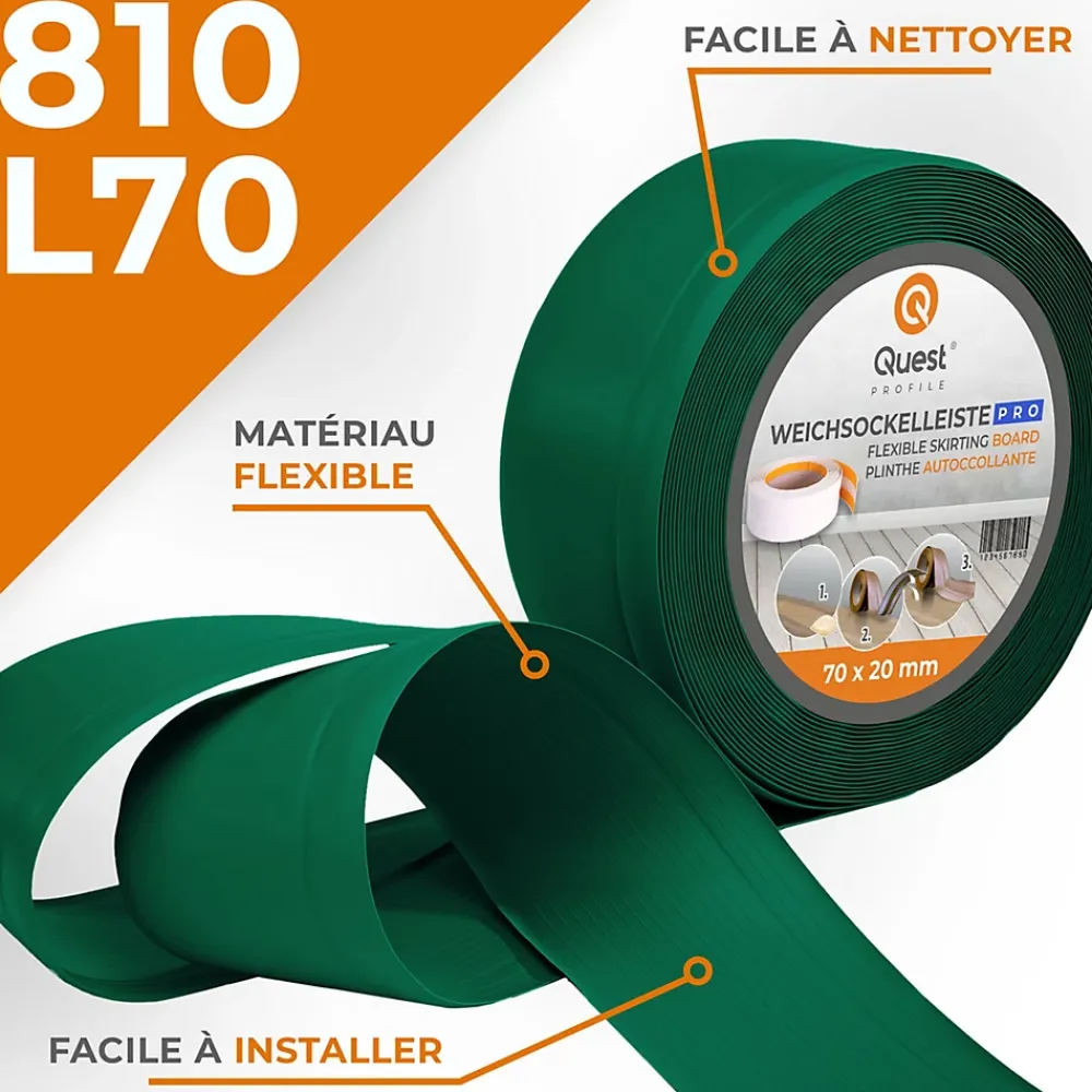 Quest Plinthe en PVC Flexible 70x20mm, 15m, Plinthe Souple et Élastique pour Finitions et Surfaces de Jonction, vert- Plinthe Pour Sol En Vinyle Et Pvc