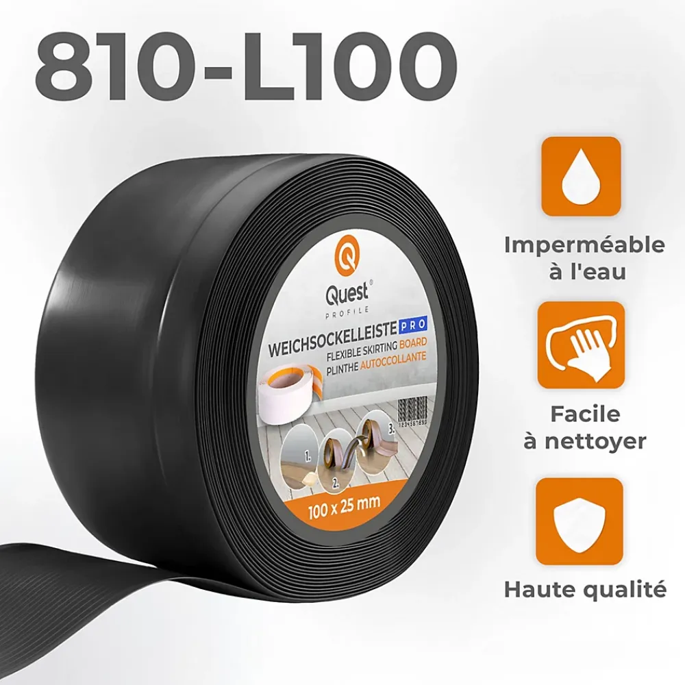 Quest Plinthe Pour Sol En Vinyle Et Pvc<Plinthe en PVC Flexible 100x25mm, 20m, Plinthe Souple et Élastique pour Finitions et Surfaces de Jonction, noir