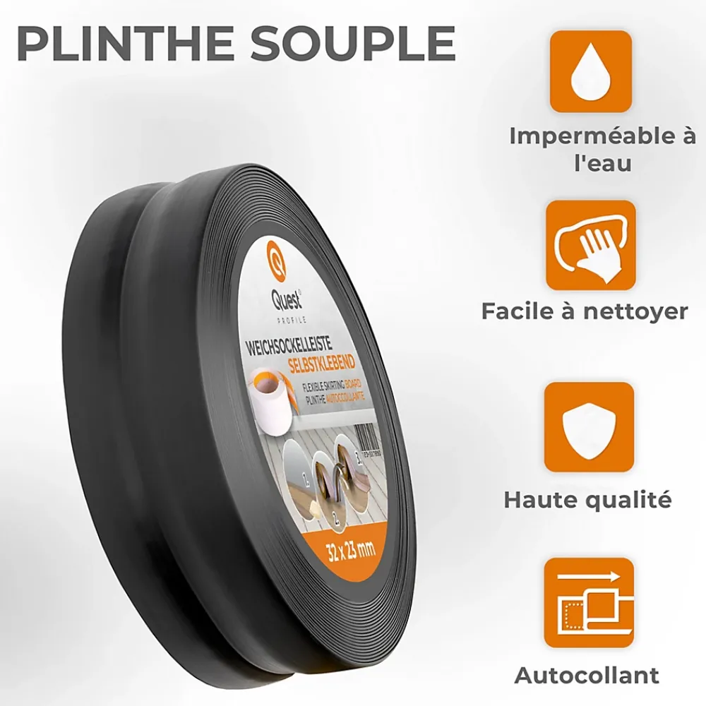 Quest Plinthe Pour Sol En Vinyle Et Pvc<Plinthe Souple Auto-Adhésive en PVC 32x23mm, 10m, Bande Flexible, Facile à Installer, sur Toutes les Surfaces, noir