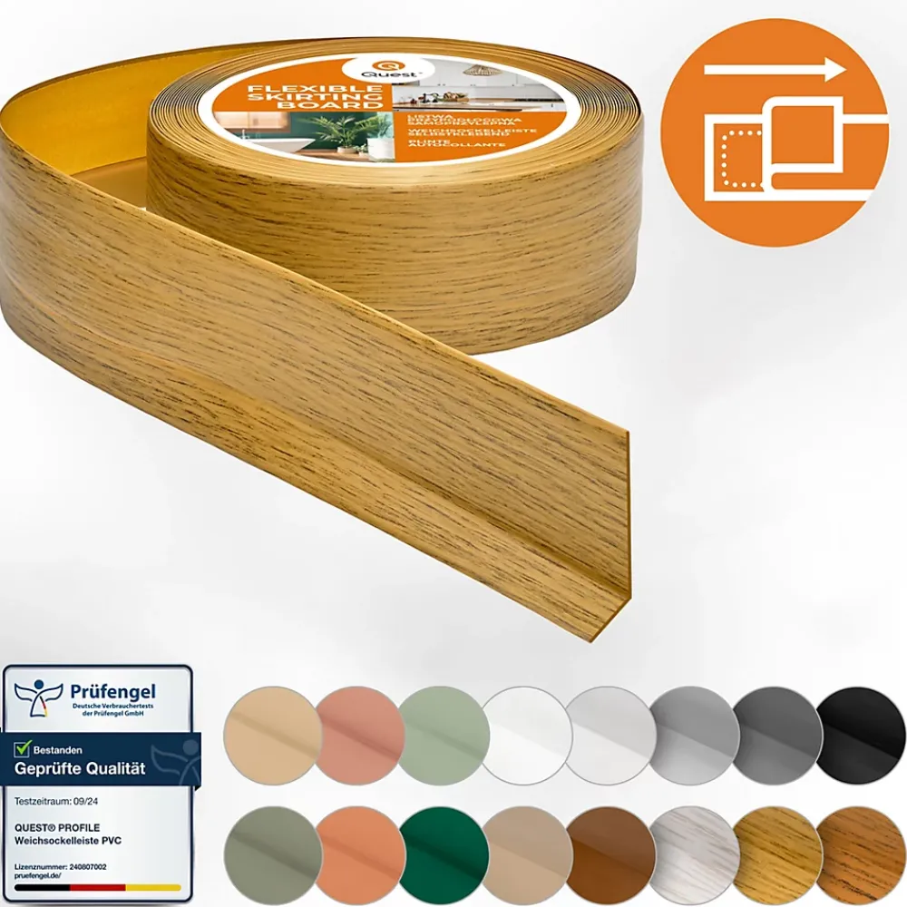 Quest Plinthe Souple Auto-Adhésive en PVC 50x20mm, 25m, Bande Flexible, Facile à Installer, sur Toutes les Surfaces, chêne- Plinthe Pour Sol En Vinyle Et Pvc