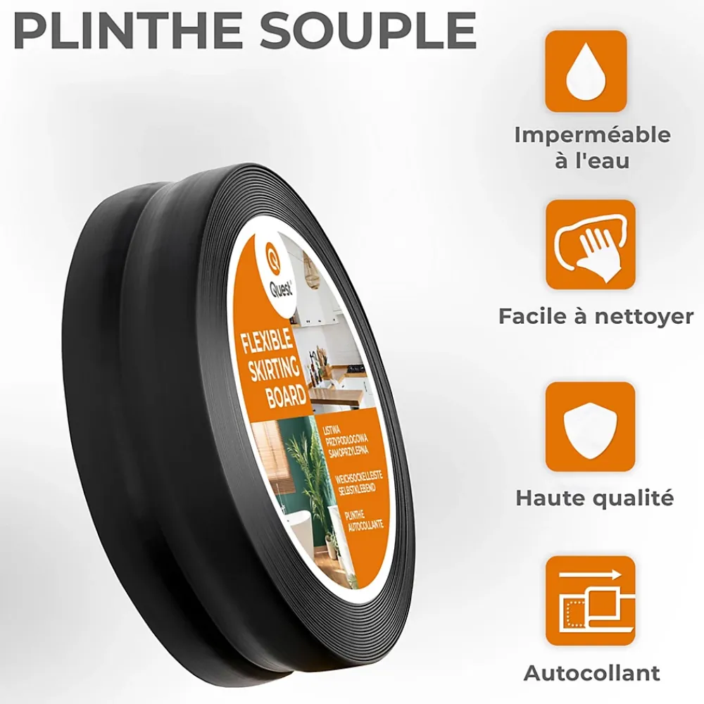 Quest Plinthe Souple Auto-Adhésive en PVC 50x20mm, 5m, Bande Flexible, Facile à Installer, sur Toutes les Surfaces, noir- Plinthe Pour Sol En Vinyle Et Pvc