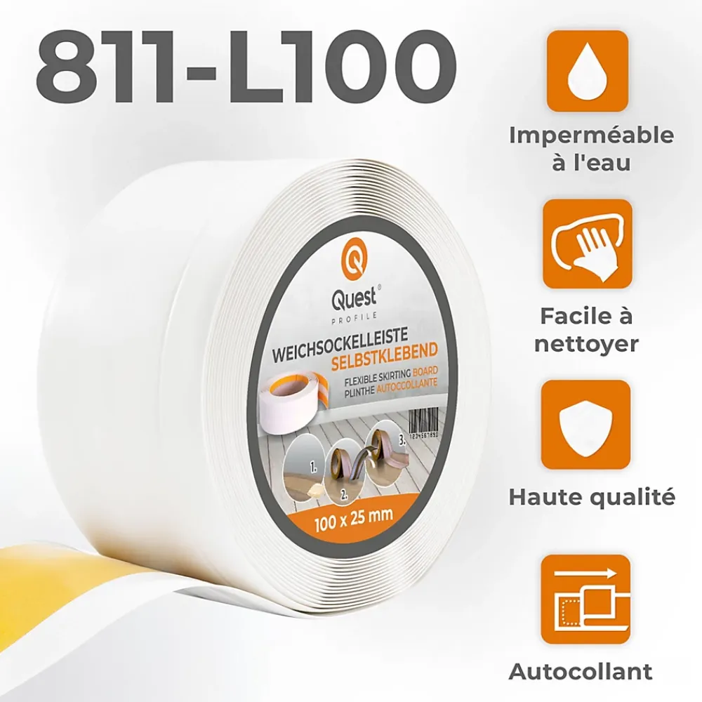 Quest Plinthe Pour Sol En Vinyle Et Pvc<Plinthe Souple Auto-Adhésive en PVC 100x25mm, 1m, Bande Flexible, Facile à Installer, Adaptée à Toutes Surface, blanc