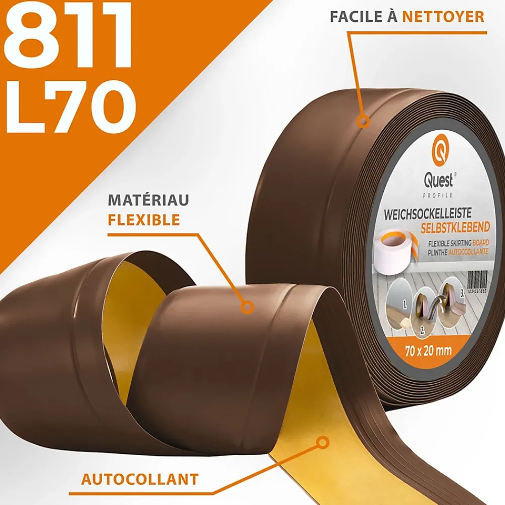 Quest Plinthe Souple Auto-Adhésive en PVC 70x20mm, 20m, Bande Flexible, Facile à Installer, Adaptée à Toutes Surface, bronze- Plinthe Pour Sol En Vinyle Et Pvc