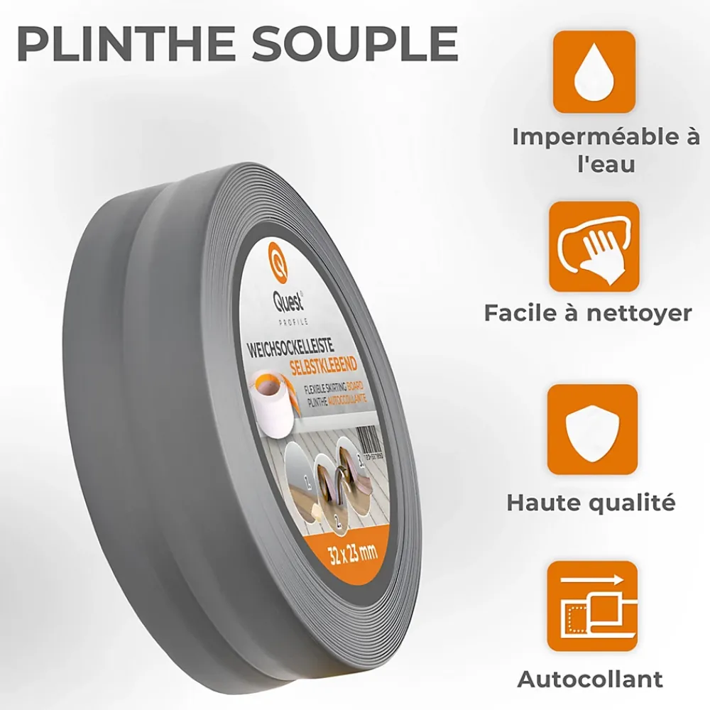 Quest Plinthe Pour Sol En Vinyle Et Pvc<Plinthe Souple Auto-Adhésive en PVC 32x23mm, 5m, Bande Flexible, Facile à Installer, sur Toutes les Surfaces, graphite