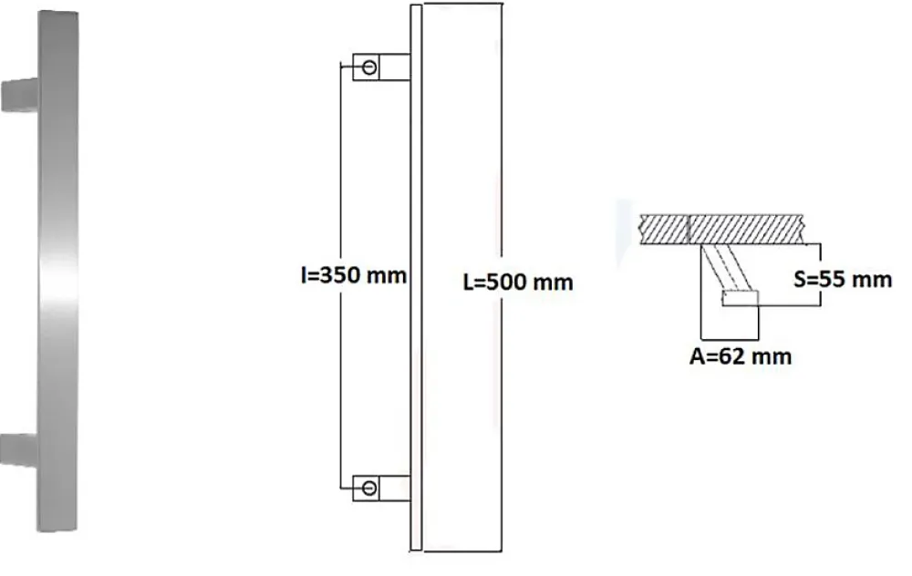 Hardwarexchange Poignée De Porte Extérieure<Poignée de tirage - inclinée 60 - Rectangle 40x10 mm - Entraxe350 - S55 - A62 - L500 mm - INOX 304 poli
