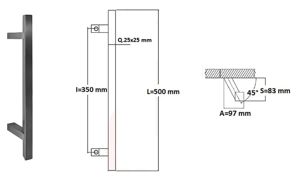 Hardwarexchange Poignée De Porte Extérieure<Poignée de tirage Carrée 25x25 mm - Entraxe350 - S85 - A70 - L500 mm - incliné 45 - INOX 304 poli