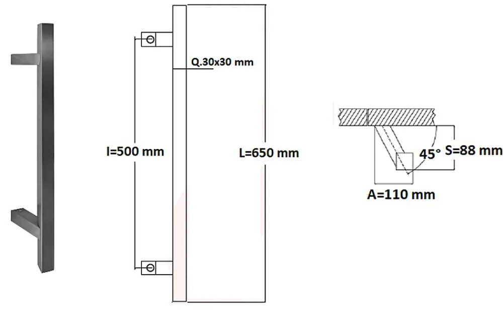 Hardwarexchange Poignée De Porte Extérieure<Poignée de tirage Carrée 30x30 mm - Entraxe500 - S90 - A75 - L650 mm - incliné 45 - INOX 304 satiné