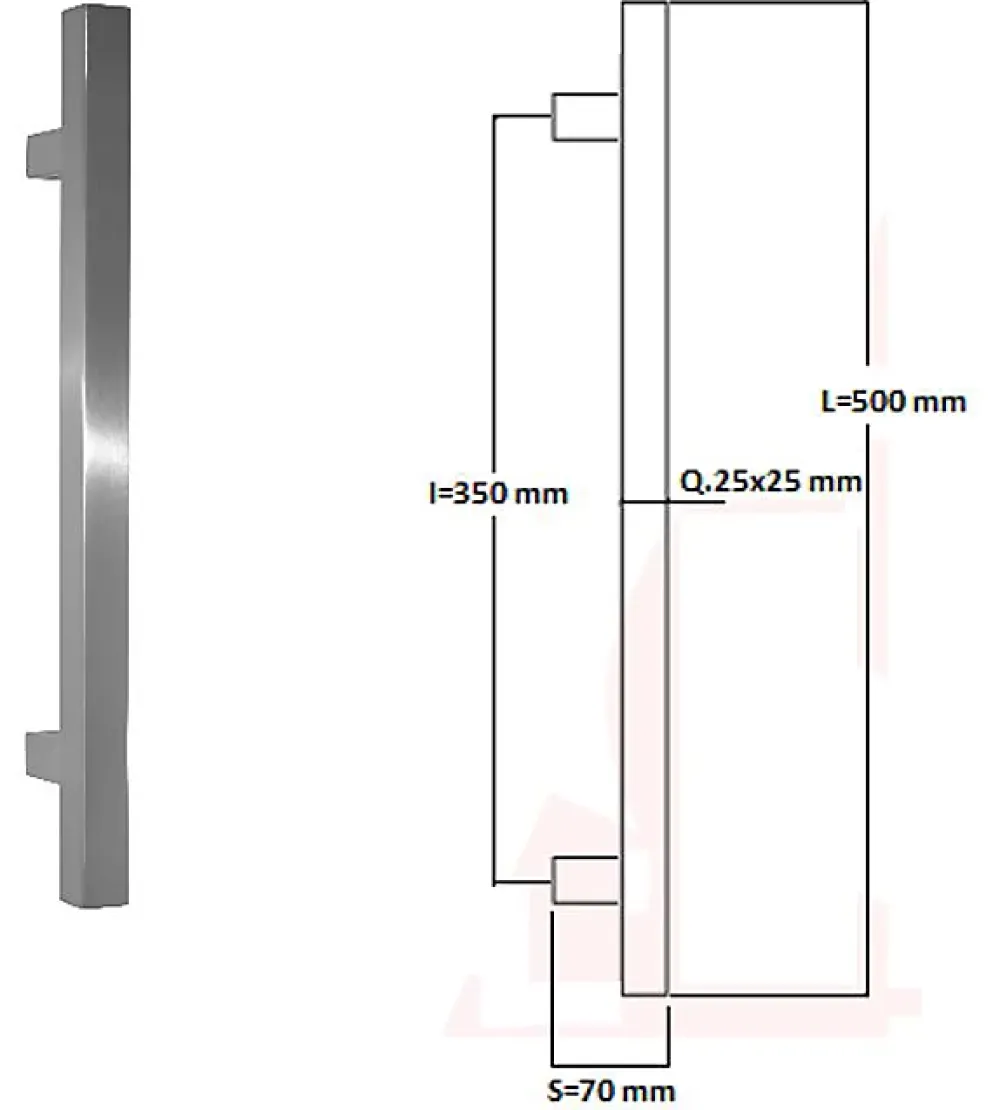 Hardwarexchange Poignée de tirage Carrée 25x25 mm - Entraxe350 - S70 - L500 mm - INOX 304 Laqué RAL 9005 Noir Mat- Poignée De Porte Extérieure