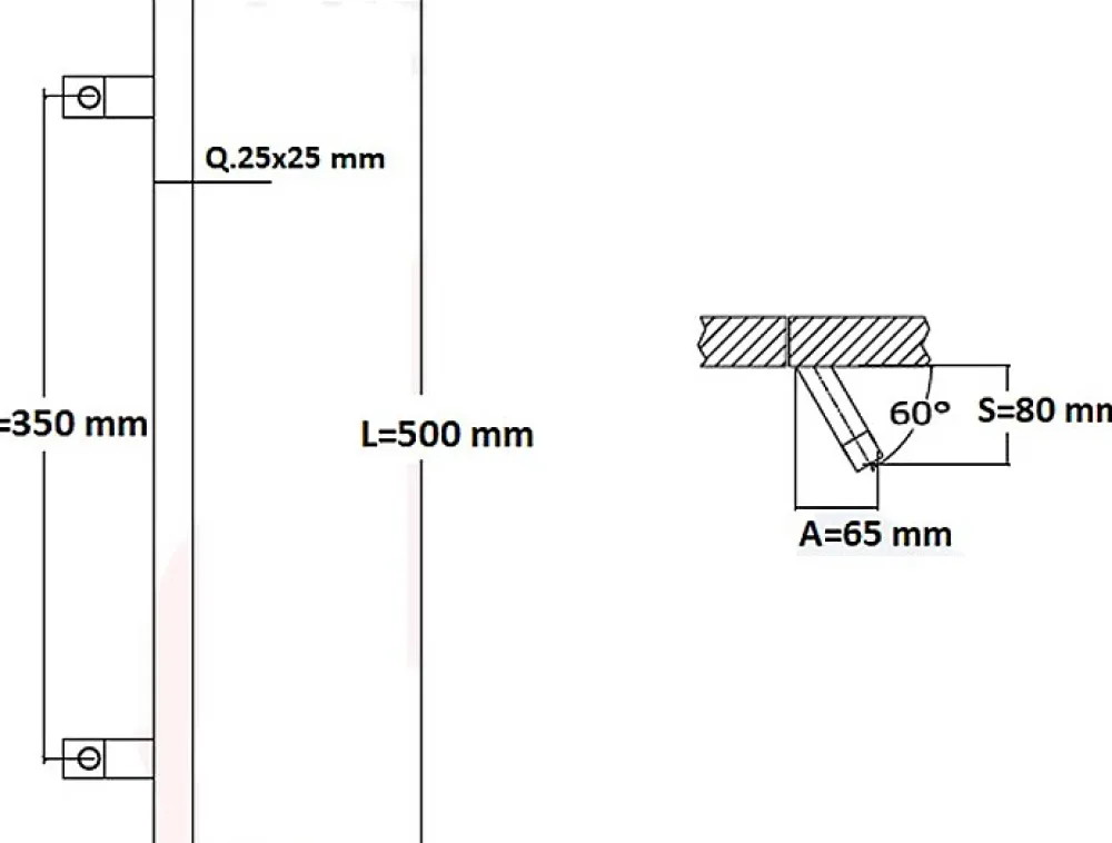 Hardwarexchange Poignée de tirage Carrée 25x25 mm - Entraxe350 - S80 - A65 - L500 mm - incliné 60 - INOX 304 Laqué RAL 9005 Noir Mat- Poignée De Porte Extérieure