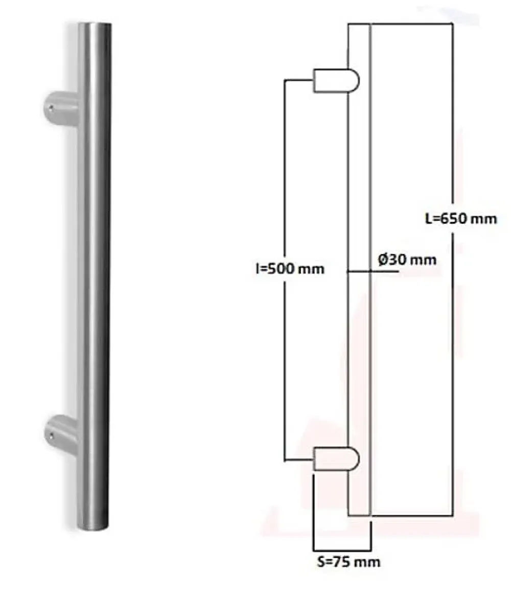 Hardwarexchange Poignée de tirage Diamètre 30 mm - Entraxe500 - S75 - L650 mm - INOX 304 satiné- Poignée De Porte Extérieure