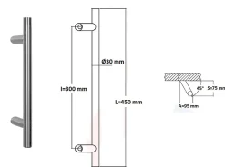 Hardwarexchange Poignée de tirage Diamètre 30 mm - Entraxe300 - S80 - A70 - L450 mm - inclinée 45 - INOX 304 poli- Poignée De Porte Extérieure