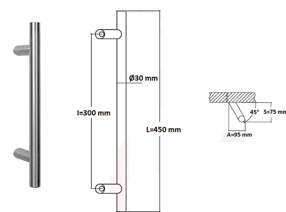 Hardwarexchange Poignée de tirage Diamètre 30 mm - Entraxe300 - S80 - A70 - L450 mm - inclinée 45 - INOX 304 poli- Poignée De Porte Extérieure