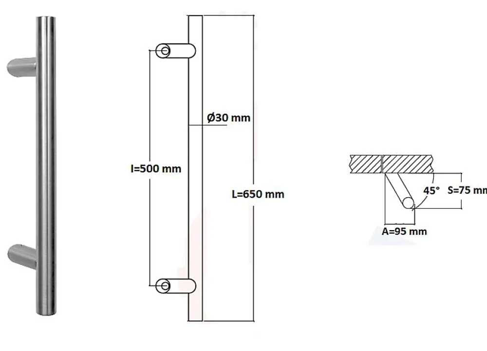 Hardwarexchange Poignée De Porte Extérieure<Poignée de tirage Diamètre 30 mm - Entraxe500 - S80 - A70 - L650 mm - inclinée 45 - INOX 304 Laqué RAL 9005 Noir Mat