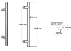 Hardwarexchange Poignée de tirage Diamètre 30 mm - Entraxe500 - S80 - A70 - L650 mm - inclinée 45 - INOX 304 poli- Poignée De Porte Extérieure
