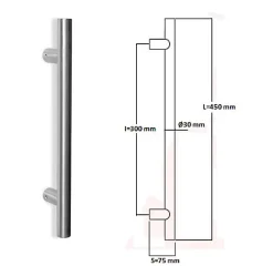 Hardwarexchange Poignée de tirage Diamètre 30 mm - Entraxe300 - S75 - L450 mm - INOX 304 poli- Poignée De Porte Extérieure