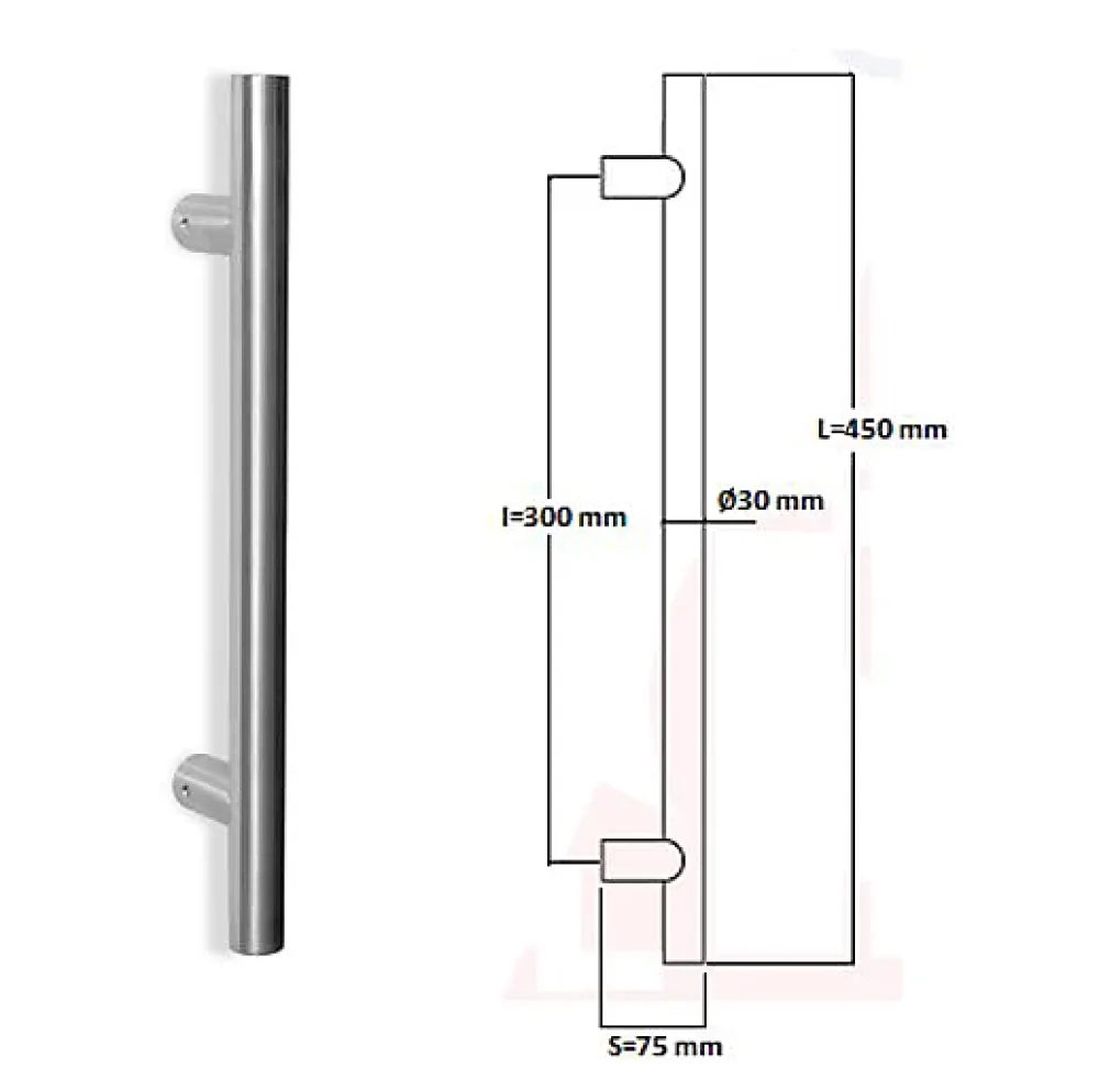 Hardwarexchange Poignée de tirage Diamètre 30 mm - Entraxe300 - S75 - L450 mm - INOX 304 poli- Poignée De Porte Extérieure