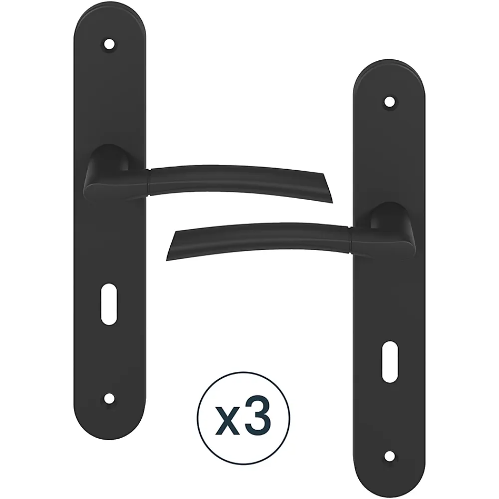 GoodHome Poignée De Porte<Poignée sur plaque avec serrure, noir mat, L.128 mm x l.40 mm, entraxe 195 mm, Hirel vendue par 3 pièces