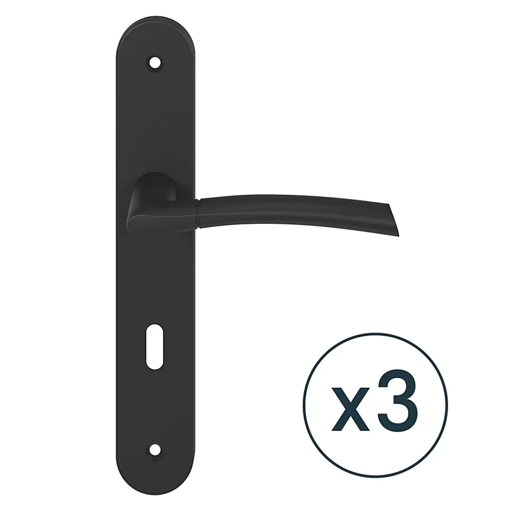GoodHome Poignée De Porte<Poignée sur plaque avec serrure, noir mat, L.128 mm x l.40 mm, entraxe 195 mm, Hirel vendue par 3 pièces