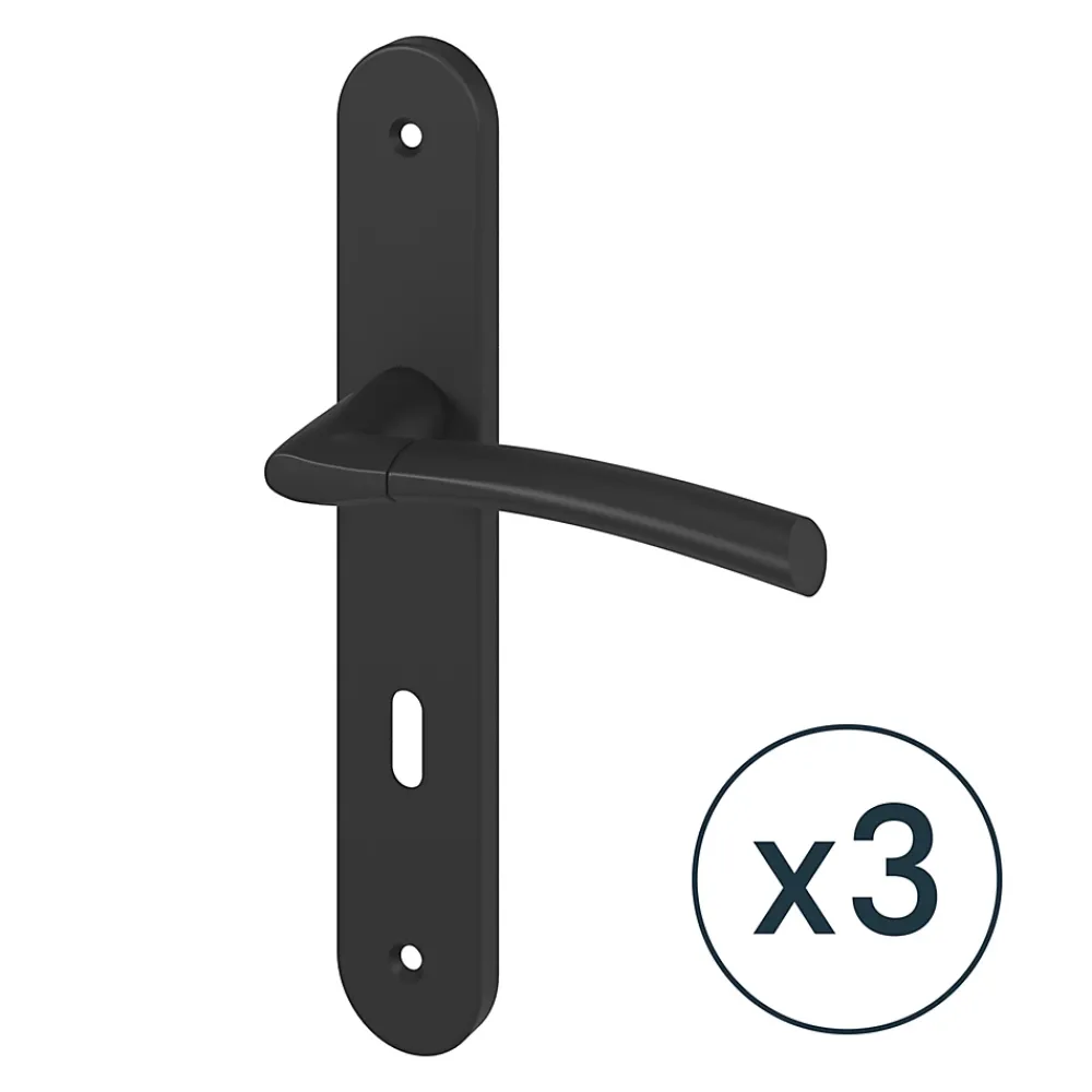 GoodHome Poignée De Porte<Poignée sur plaque avec serrure, noir mat, L.128 mm x l.40 mm, entraxe 195 mm, Hirel vendue par 3 pièces