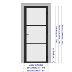 MySystem Porte battante blanche H 2040 x L 830 mm - 3 verres opales horizontaux + béquille noire- Bloc Porte