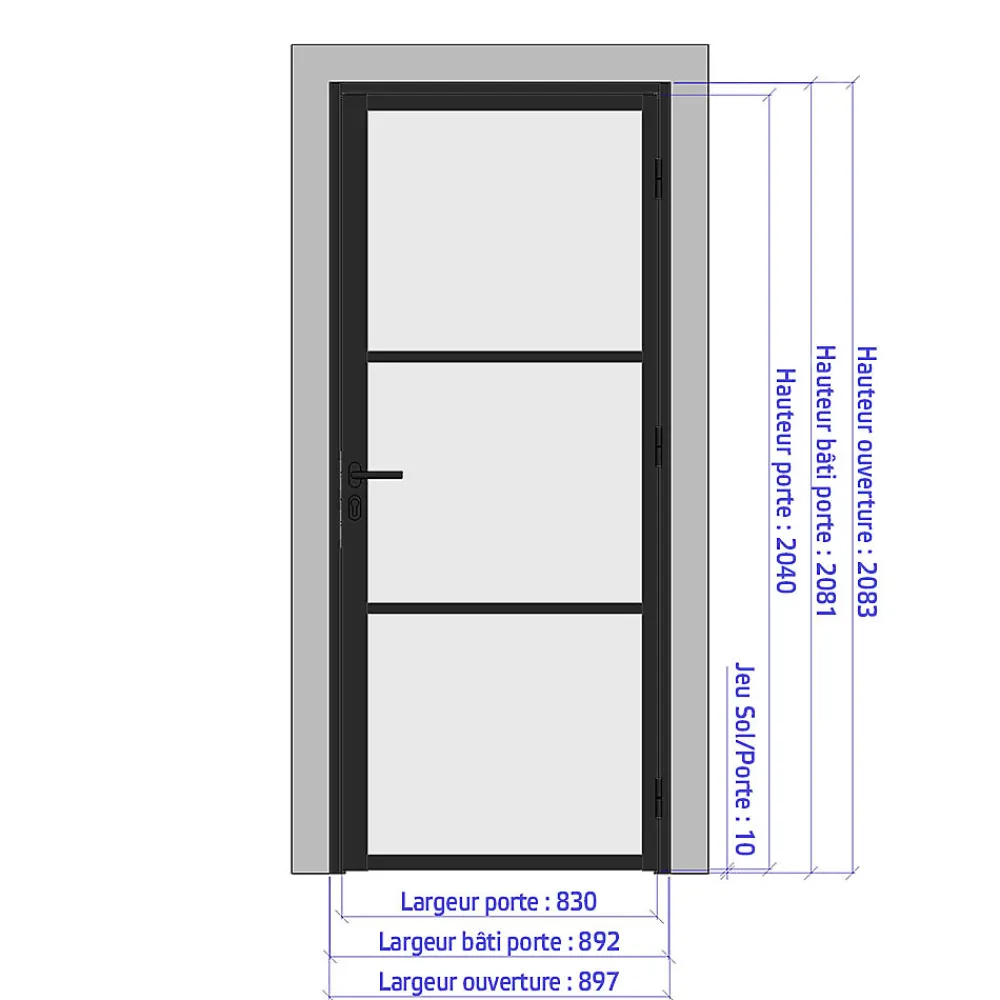 MySystem Porte battante blanche H 2040 x L 830 mm - 3 verres opales horizontaux + béquille noire- Bloc Porte
