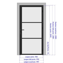MySystem Porte battante blanche H 2040 x L 930 mm - 3 verres opales horizontaux + béquille inox- Bloc Porte