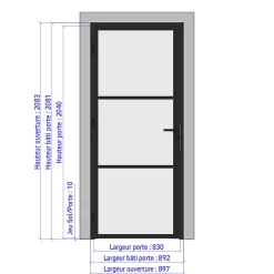 MySystem Porte battante noire H 2040 x L 830 mm - 3 verres opales horizontaux + béquille inox- Bloc Porte