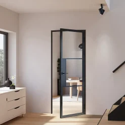 Schulte Porte complète Intérieure en verre avec cadre - Serrure- 71x197 - Noir - Transparent - 3 Vitrages - droit- Bloc Porte
