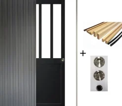Gd Menuiseries Porte Coulissante Atelier Noir H204 X L73, Galandage, Kit Finition- Porte Coulissante