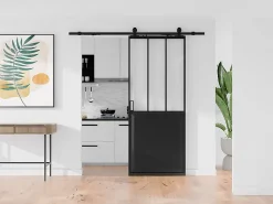 Vente-unique Porte coulissante atelier avec système en applique - Noir et verre trempé dépoli - H205 x L73 cm - ARTISTO II- Porte Coulissante