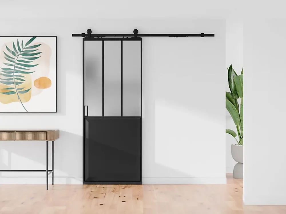 Vente-unique Porte coulissante atelier avec système en applique - Noir et verre trempé dépoli - H205 x L73 cm - ARTISTO II- Porte Coulissante