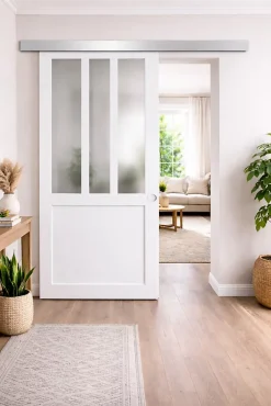 Gd Menuiseries Porte Coulissante Atelier Blanc Vitre Depoli H204 X L93, Rail Alu, Coquilles Blanc- Porte Coulissante