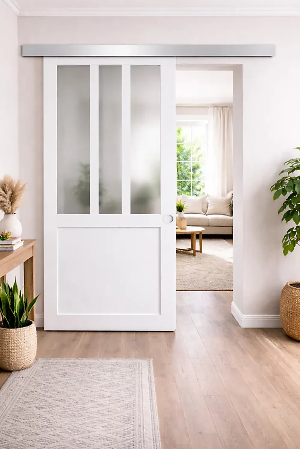 Gd Menuiseries Porte Coulissante Atelier Blanc Vitre Depoli H204 X L93, Rail Alu, Coquilles Blanc- Porte Coulissante