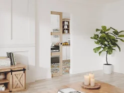 Vente-unique Porte coulissante avec système à galandage en bois et verre trempé - 3 fenêtres - H205 x L93 cm - ACOSTA II- Porte Coulissante