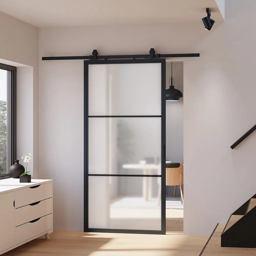 Schulte Porte coulissante complète verre - 102x220 - Porte vitrée - Décor industriel Loftstyle - Satinée - Noir- Porte Coulissante