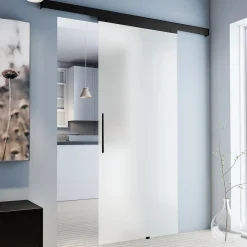 Schulte Porte Coulissante Complète 90x203 - Rail Noir - Verre De Sécurité - Verre Sablé - Poignée Barre -softclose- Porte Coulissante