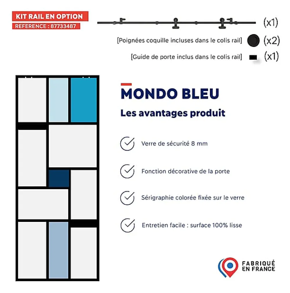 Aurys Porte Coulissante<Porte coulissante en verre seule (rail non inclus) - MONDO OPAQUE BLEUE - H. 204 x L. 93 - Fabrication Française NORMANDIE