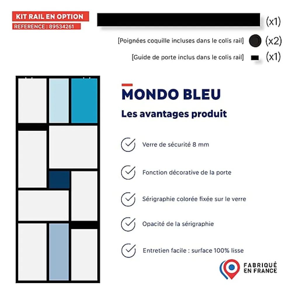 Aurys Porte Coulissante<Porte coulissante en verre seule (rail non inclus) - MONDO OPAQUE BLEUE - H. 204 x L. 93 - Fabrication Française NORMANDIE