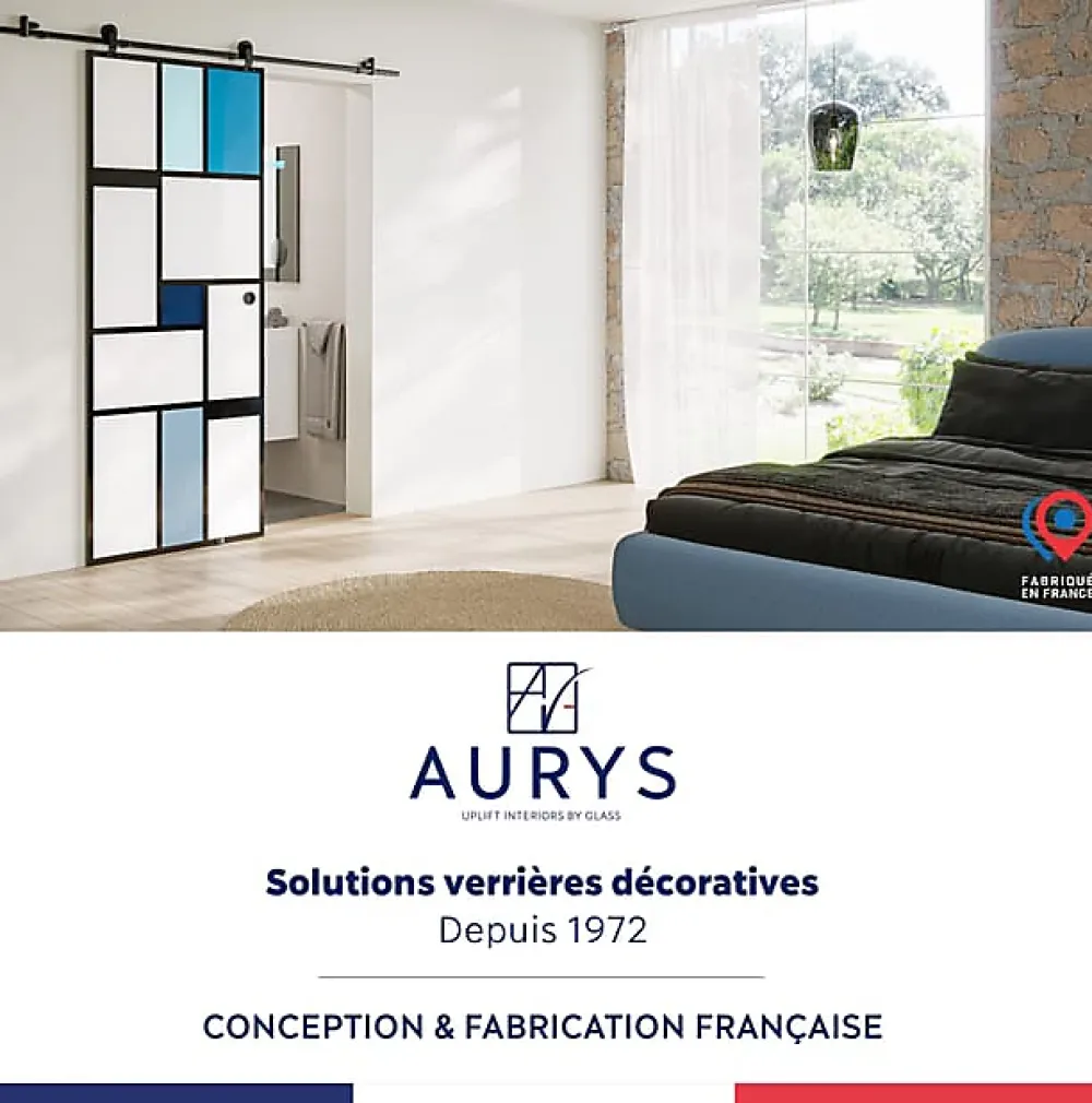 Aurys Porte Coulissante<Porte coulissante en verre seule (rail non inclus) - MONDO OPAQUE BLEUE - H. 204 x L. 93 - Fabrication Française NORMANDIE