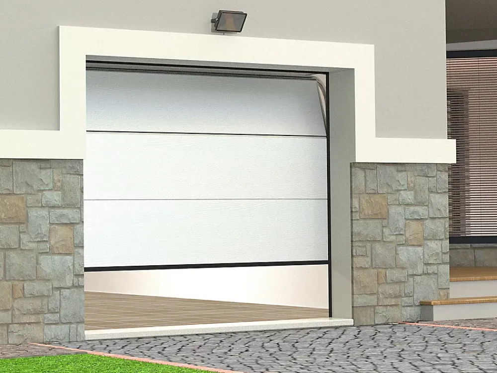 Vente-unique Porte De Garage Sectionnelle<Porte de garage sectionnelle effet bois blanc motorisée L254 x H218 cm - PRIETA